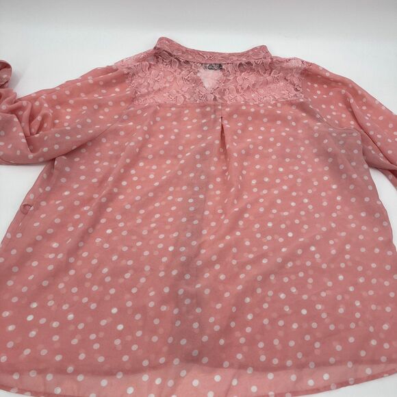 Women's Pink Sheer Polka Dot Button Up Blouse Lace Pockets Mock Collar Coquette - Picture 8 of 12